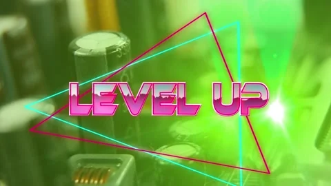 Level up text on neon triangles against close up of microprocessor connections Stock Footage 158414337