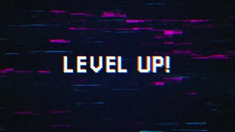 LEVEL UP! text over  Glitches, VHS defects, artifacts and noise. Vídeos de archivo 209172716