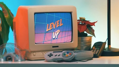 LEVEL UP on Vintage Television Retro Computer Screen from 80s 90s Stock-Footage 102674876
