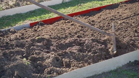 Leveling garden bed soil with rake slow motion garden preparation Stock Footage 341406686