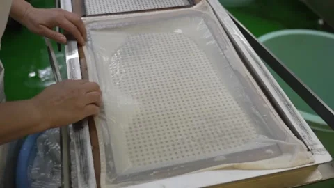 Leveling Starch Batter Into a Steaming Tray by Hand Vidéo 340009447