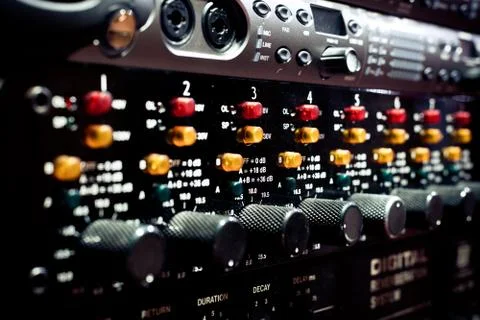 Levels and knobs on professional electronic audio equipment Fotos de archivo
