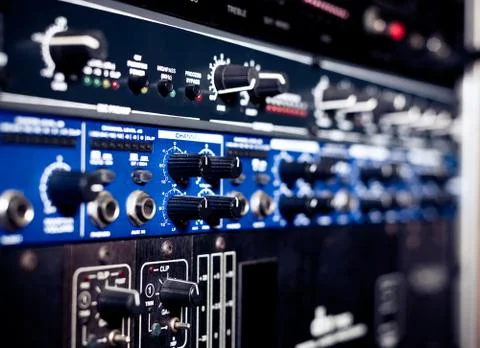 Levels on professional electronic equalizer audio equipment Stock Photos
