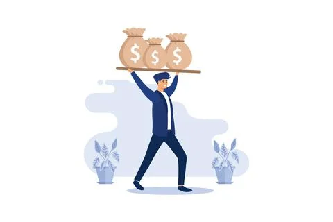 Leverage financial growth, Money bag, Gold coin, joyful businessman with bags Stock Illustration