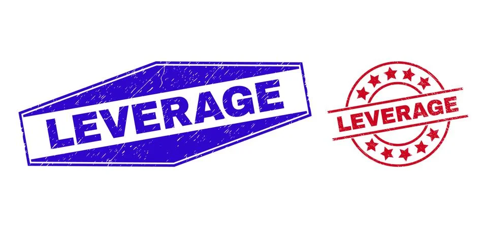 LEVERAGE Grunge Stamp Seals in Circle and Hexagonal Forms Illustrazione stock