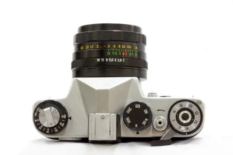 Levers and buttons to control the old film SLR camera Stock Photos