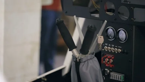 Levers and control panel of aircraft in repairing workshop in service center. Stockbeeldmateriaal 120807100