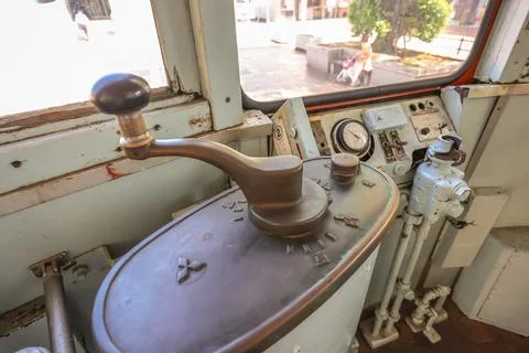 Levers inside a very old dismantled railway cockpi May 17 2024 Stock Photos