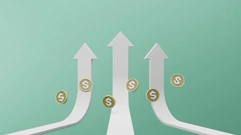 Levitate coins with arrow up 3D render illustration Stock Illustration