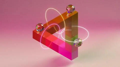 Levitating 3d impossible triangle with crystal spheres and neon lights on pink Stock Illustration