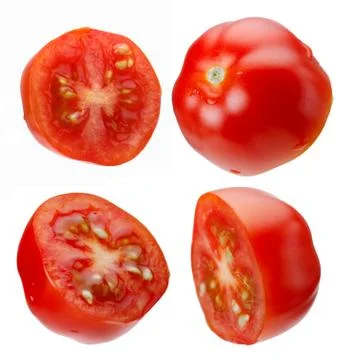 Levitating halves of cherry tomatoes close-up isolated on a white background Stock Photos