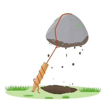 Levitating large stone anchored to ground isolated on white background. Stock Illustration