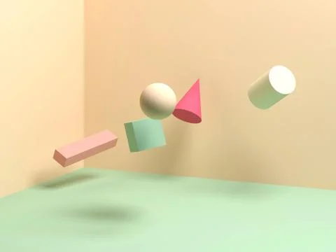 Levitating primitive geometric shapes. Zero gravity, 3d rendering Stock Illustration