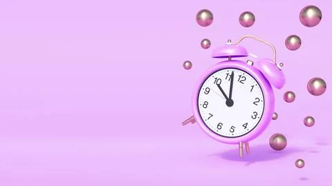 Levitating purple alarm clock surrounded by bubbles balloons on pink background Stock Illustration