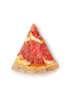 Levitating slice of pepperoni pizza on a white isolated background Stock Photos