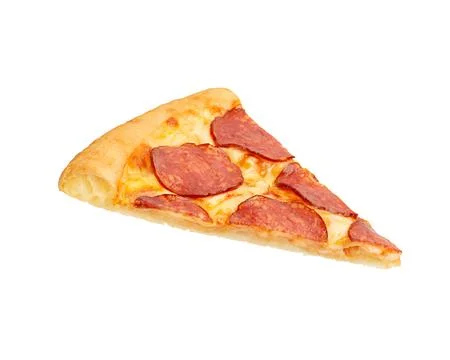 Levitating slice of pepperoni pizza on a white isolated background Stock Photos
