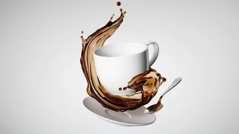 Levitating white ceramic cup, saucer and silver spoon with splashing coffee Stock Footage 141130810