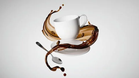 Levitating white ceramic cup, saucer and silver spoon with splashing coffee Stock Footage 141130824