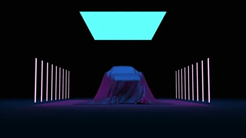 Levitation Auto Covered by Silk Cloth on Stage Interior with Spotlights Stock Footage 197546206