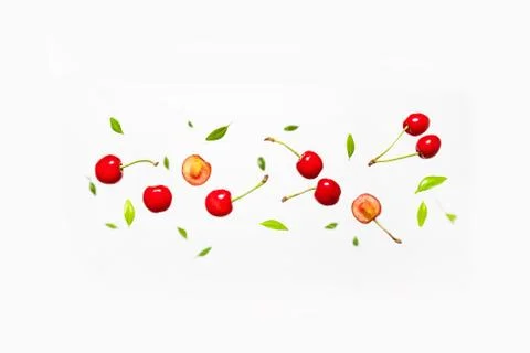 Levitation cherry fruit composition isolated on white background. Flat lay, top Stock Photos