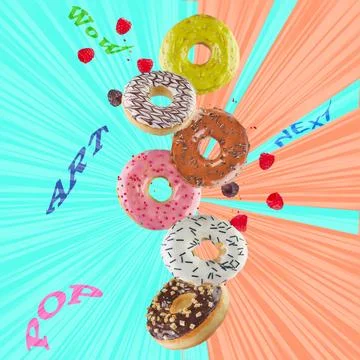 Levitation, flying donuts of different colors with raspberries, in pop art style Illustrazione stock