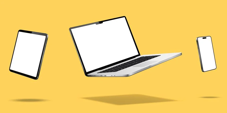 Levitation laptop computer, tablet and cellphone mockup 库存插图