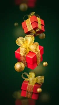 Levitation of Red gift boxes with golden balls on a green background. New Year Stock Illustration