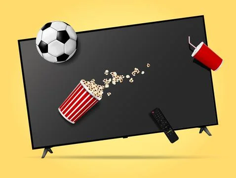 Levitation smart tv, remote control, popcorn, soda cup and soccer ball. Stock Illustration