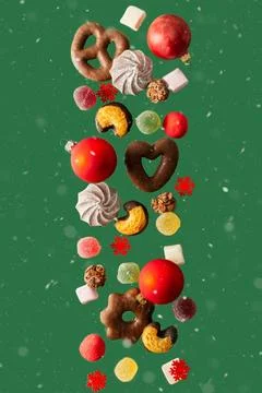 Levitation of sweets on a green background Stock Photos