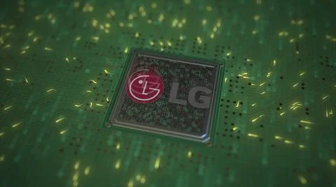 LG logo on the chip on computer board. Conceptual editorial 3d rendering Stock Illustration