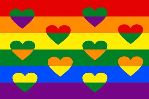 LGBT flag with overlapping hearts between rainbow strips. Vivid spectrum colors Stock Illustration