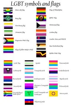 LGBT flag set including Progressive, Standard, Bisexual, Polyamory, Asexual,  Illustrazione stock