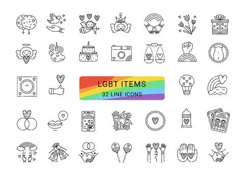 Lgbt items, 32 line vector icons Stock Illustration