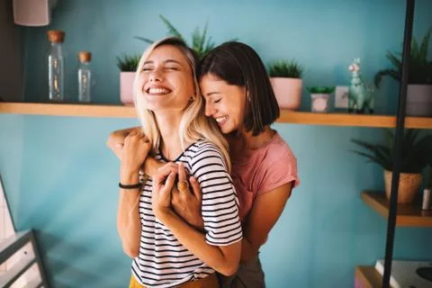 LGBT Lesbian couple love moments happiness concept Stock Photos