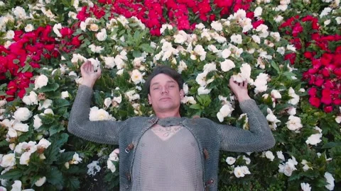 LGBT man is posing in flowers. Expression of love for nature and plants. Vídeo Stock 136233393