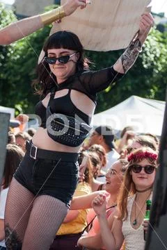 LGBT people dancing during the Gay pride parade 2019 Stock Photos