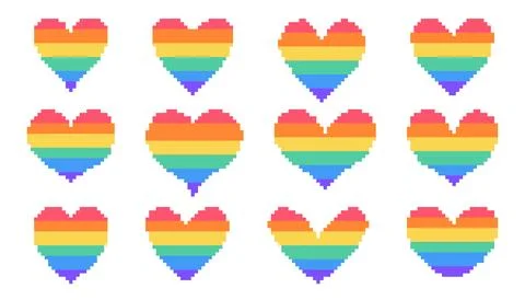 LGBT pixel heart set different shapes. Multicolored 8 bit hearts on white Illustrazione stock