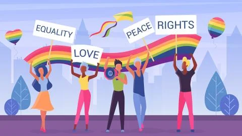 LGBT pride, march parade vector illustration, cartoon flat crowd of LGBT 스톡 일러스트