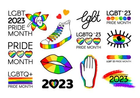 LGBT Pride Month 2023 Pack. Brush stroke LGBT flag, logos, symbols, icons, an Stock Illustration