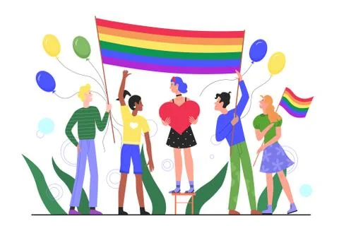 LGBT pride parade concept flat vector illustration, cartoon happy young people 스톡 일러스트