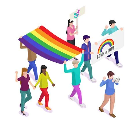 LGBT Pride Parade, vector isometric illustration. People holding rainbow flag 스톡 일러스트