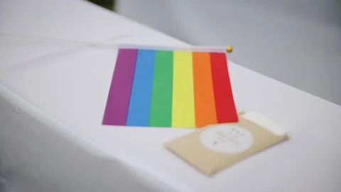 LGBT pride rainbow flag lying on the white table, close-up. Decoration for gay Stock Footage 204123876