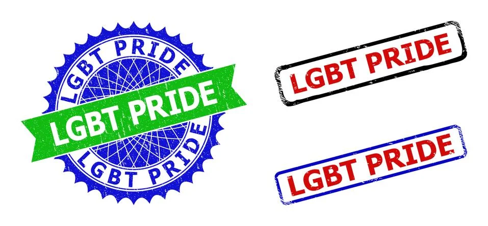 LGBT PRIDE Rosette and Rectangle Bicolor Stamps with Corroded Surfaces Stock Illustration