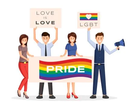 LGBT protesters strike flat vector illustration. Cartoon male, female activists Stock Illustration