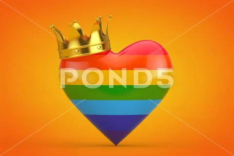 The LGBT Rainbow Pride Flag in Shape of Heart with Golden Crow. 3d