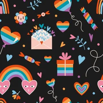 LGBT seamless pattern with cute rainbow romantic elements on a black backgr.. Stock Illustration
