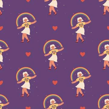 LGBT Seamless Pattern Happy Dancing woman blonde with Rainbow on purple bac.. Stock Illustration