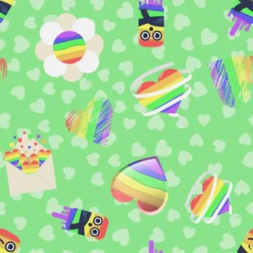 LGBT seamless rainbow pattern on a green background. Bright colorful background イラスト素材