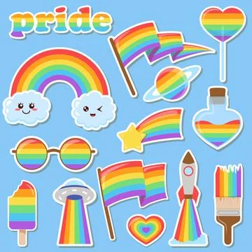 LGBTQ community elements with rainbow, flags, hearts, rainbow colored symbo.. Stock Illustration