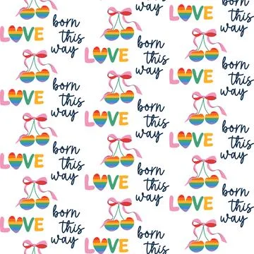 LGBTQ cute seamless pattern with cherry, bow and text. Love and Pride design. Stock Illustration